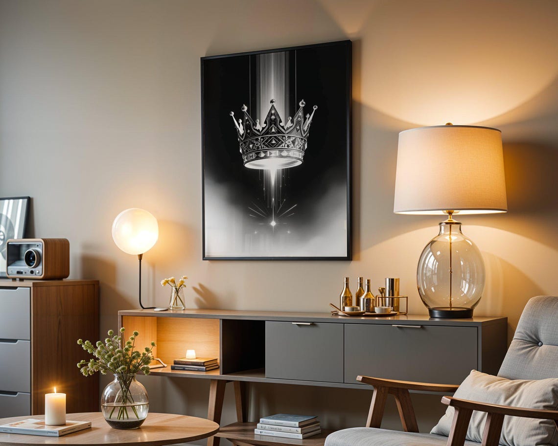 Regal Floating Crown Radiant Light Beam Black White Royal Poster - Image 3