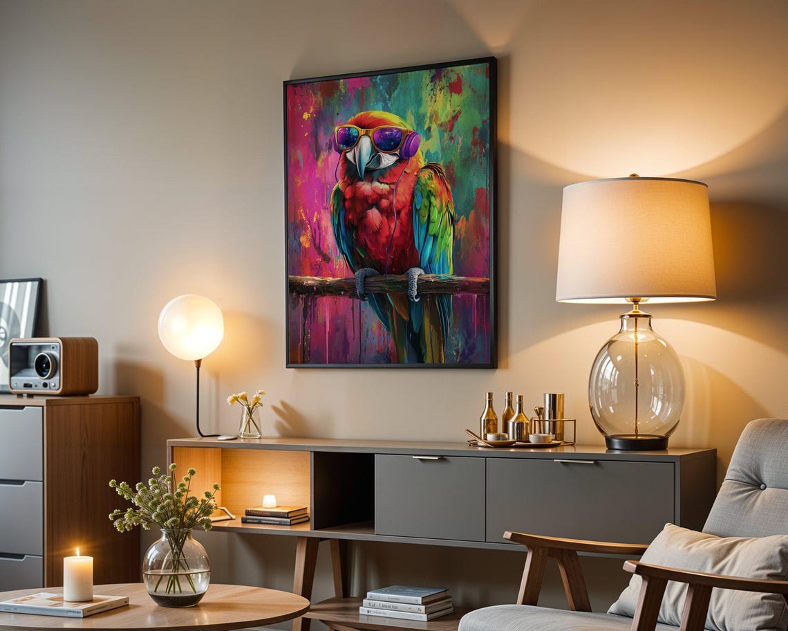 Scarlet Macaw With Orange Sunglasses and Headphones Art Poster - Image 3