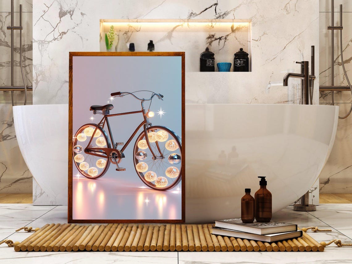 Vintage Bicycle With Sparkling Disco Ball Wheels Retro Bike Poster - Image 2