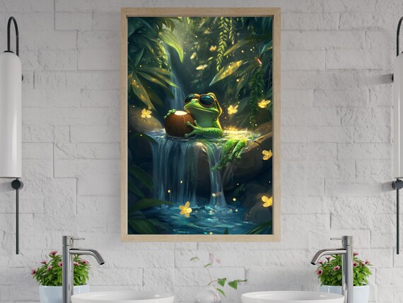 Frog in Sunglasses With a Coconut by a Jungle Waterfall Poster