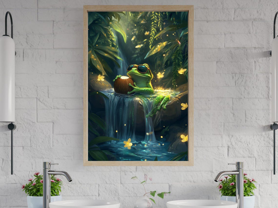 Frog in Sunglasses With a Coconut by a Jungle Waterfall Poster