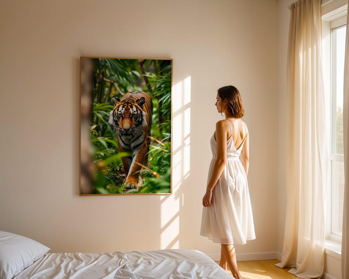 Majestic Tiger Emerging From Dense Green Jungle Foliage Poster - Image 2