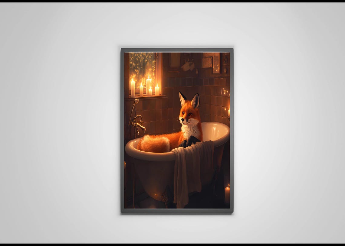 Fox Relaxing In Candlelit White Bathtub Dark Cozy Animal Poster