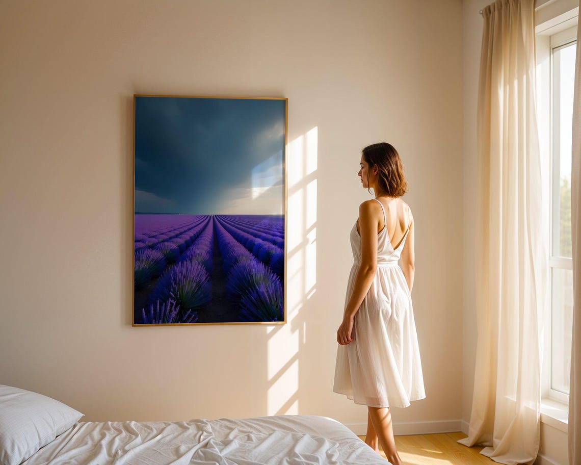 Endless Lavender Field Rows Under a Dramatic Stormy Sky Poster - Image 2