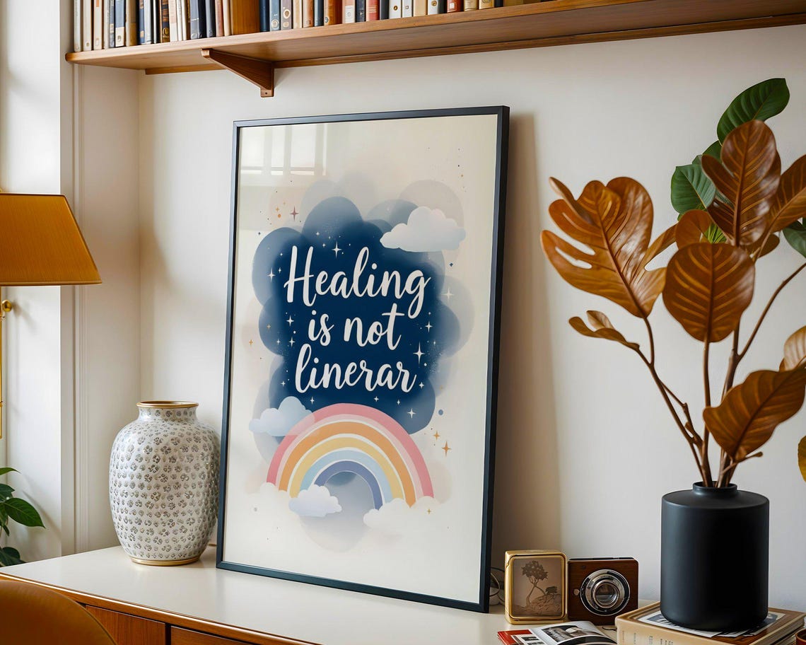 Healing Is Not Linear Inspirational Quote Art Print Rainbow And Clouds Wall Art Motivational Poster - Image 3