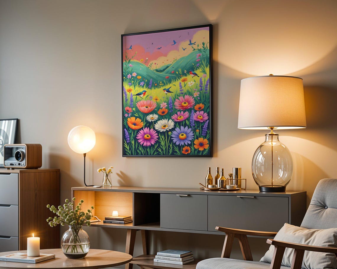Wildflower Meadow Birds Pink Dawn Sky Nature Scene Art Print - Image 3