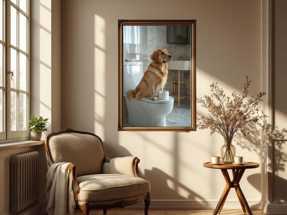 Golden Retriever Sitting on a Toilet With Toilet Paper Poster - Image 4