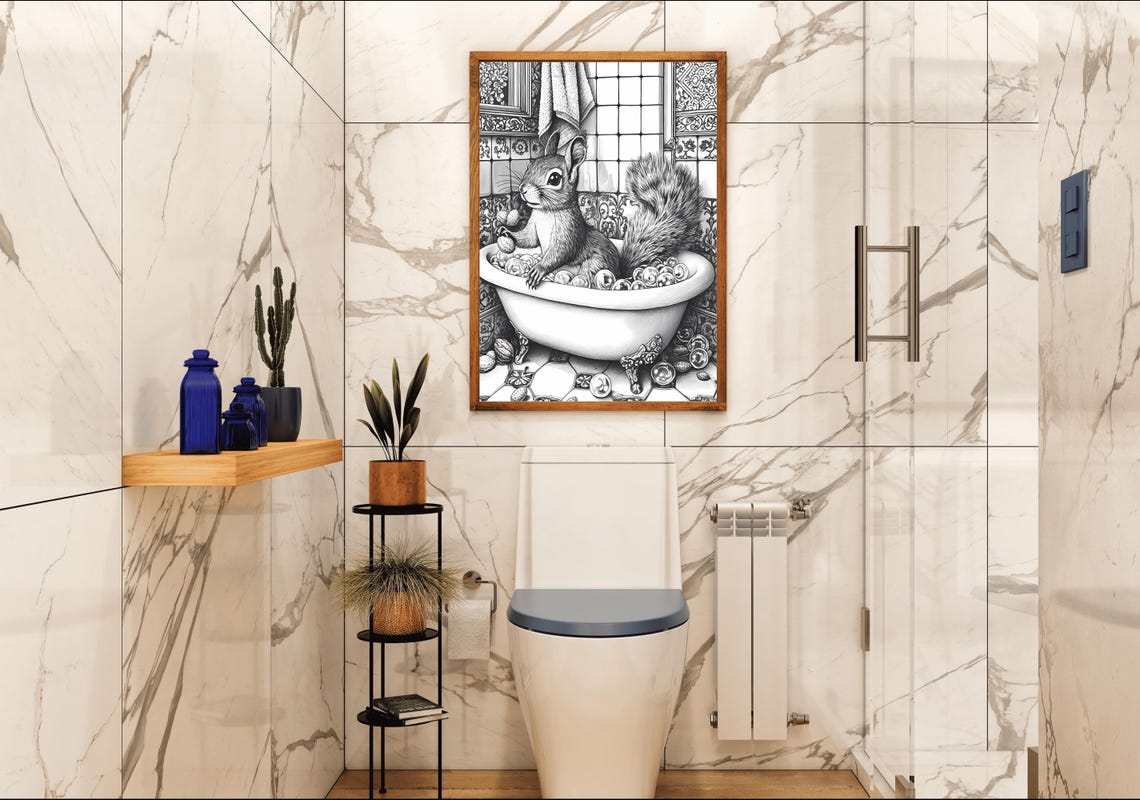 Squirrel Bathing with Walnuts in an Engraved Bathtub Sketch Poster - Image 4