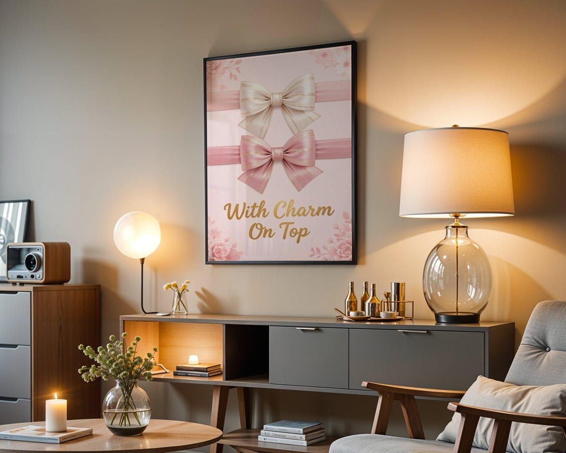 With Charm on Top Pink Bow Ribbon Coquette Nursery Decor Poster - Image 4