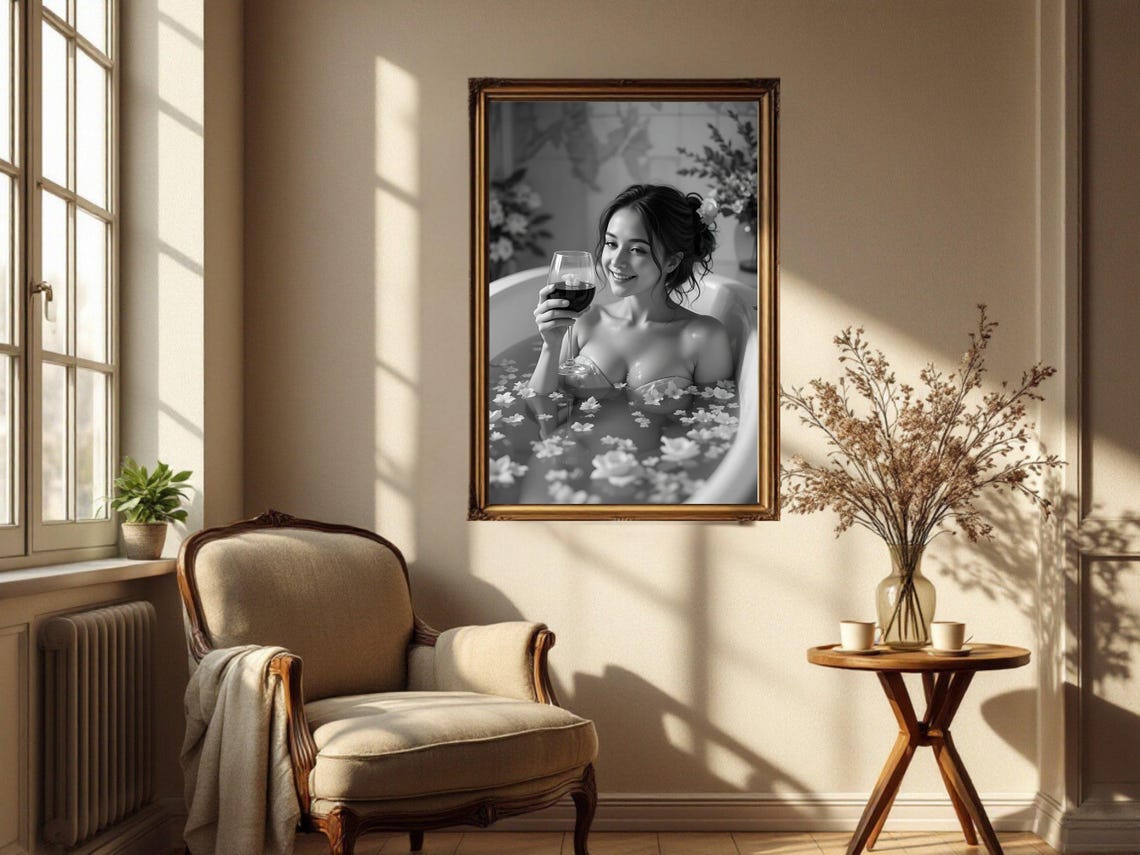 Smiling Woman in Flower Petal Bathtub with Wine Glass Poster - Image 5
