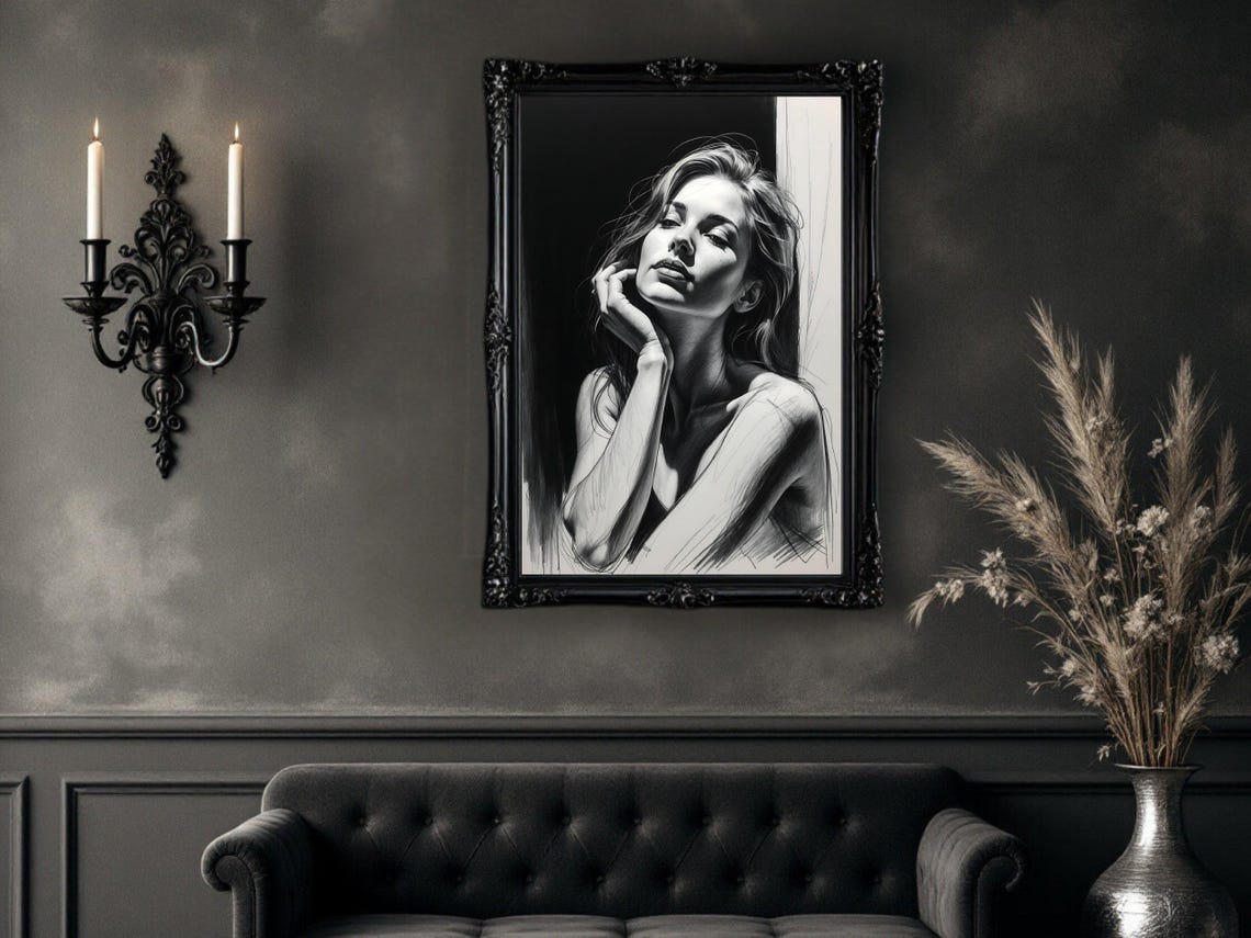 Charcoal Sketch Portrait of a Woman in Soft Light, B&W Poster - Image 4