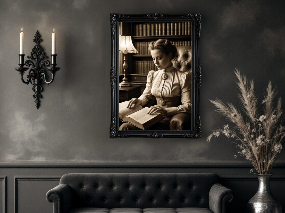 Sepia Vintage Portrait Of A Woman Reading In A Classic Library Poster - Image 4