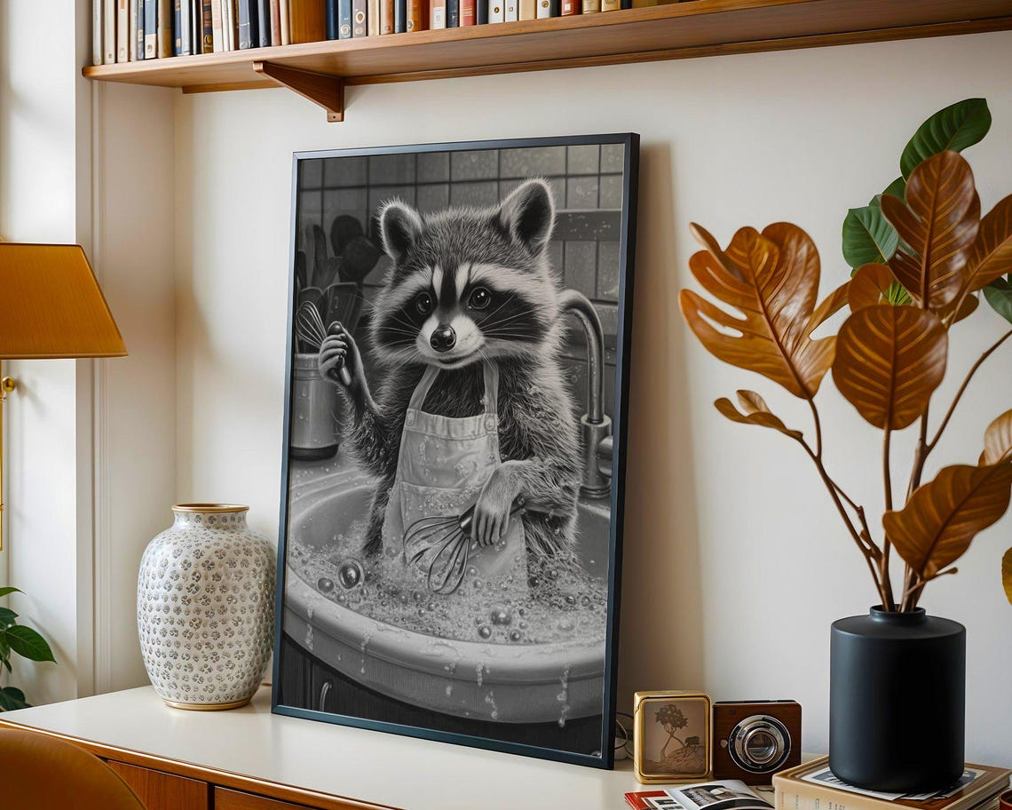 Raccoon in an Apron Washing Dishes Black and White Art Print - Image 4