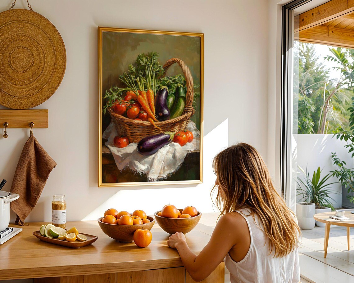 Farmhouse Vegetable Basket Wall Art Rustic Kitchen Decor Fresh Produce Painting Country Farm Print Vegetable Kitchen Art - Image 4
