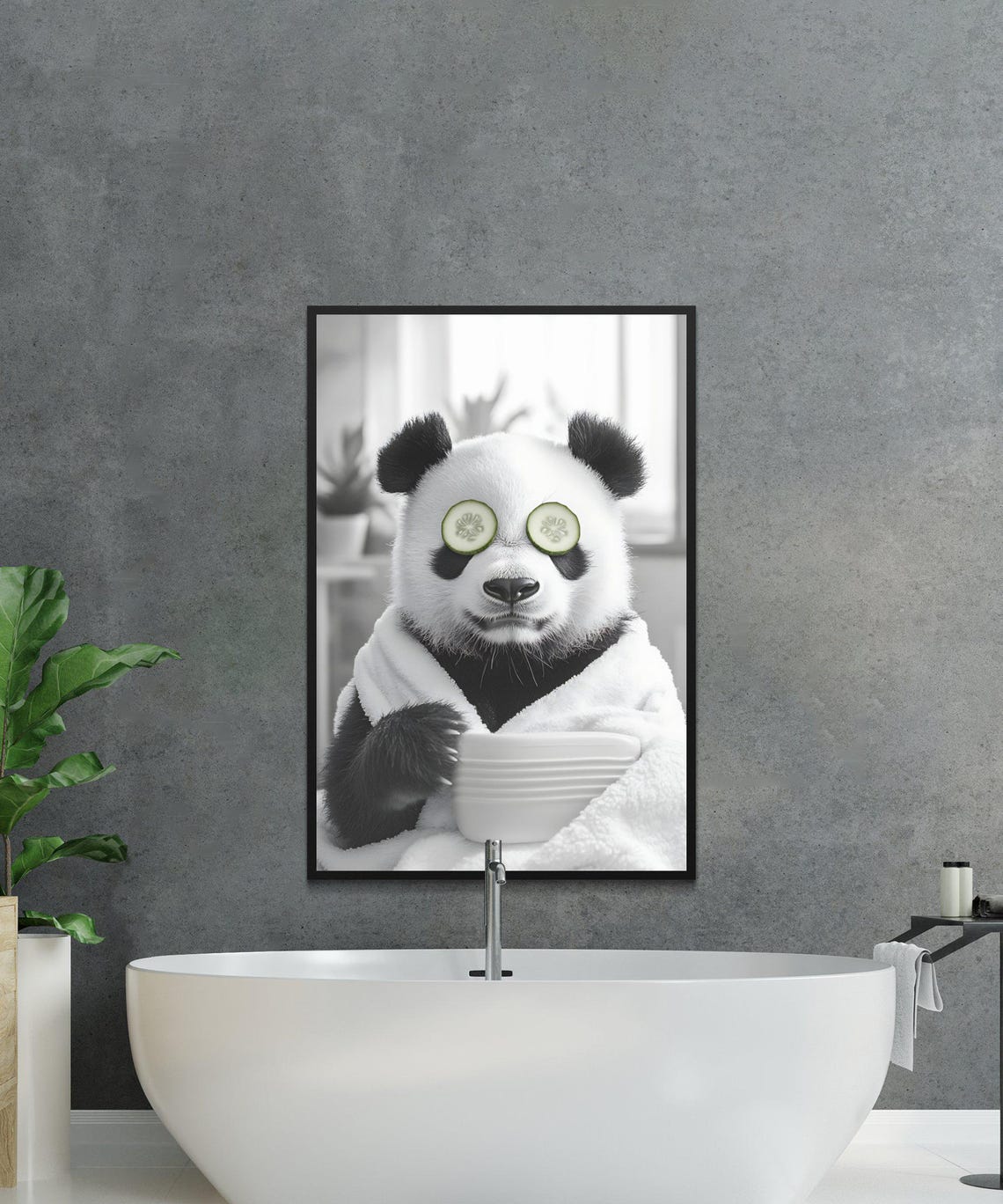 Spa Day Panda With Cucumber Slices Holding a Stack of Bowls Poster - Image 2