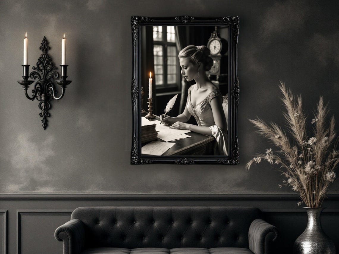 Woman Writing with Quill by Candlelight at Antique Desk Poster - Image 4