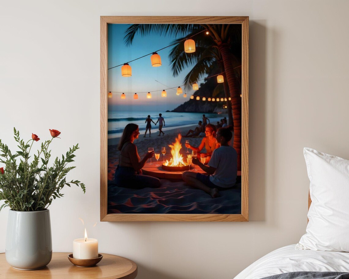 Coastal Beach Night Art Print, Romantic Firepit Scene