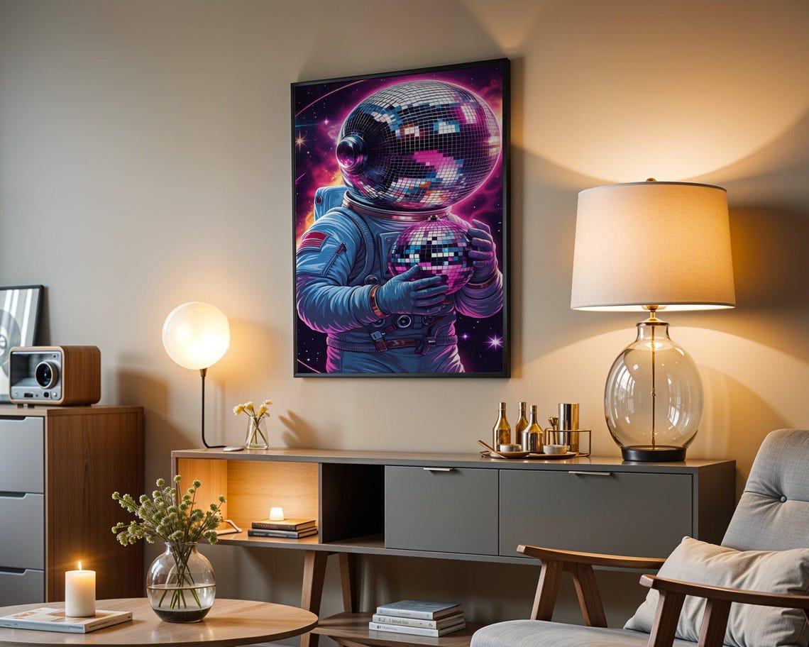 Astronaut With Disco Ball Helmet Holding Mirror Ball Space Poster - Image 4