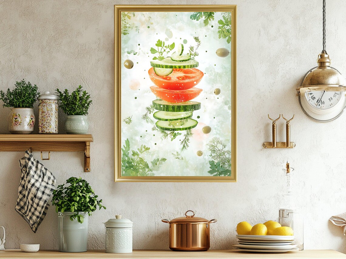 Floating Tomato Cucumber Slices Fresh Healthy Food Art Poster