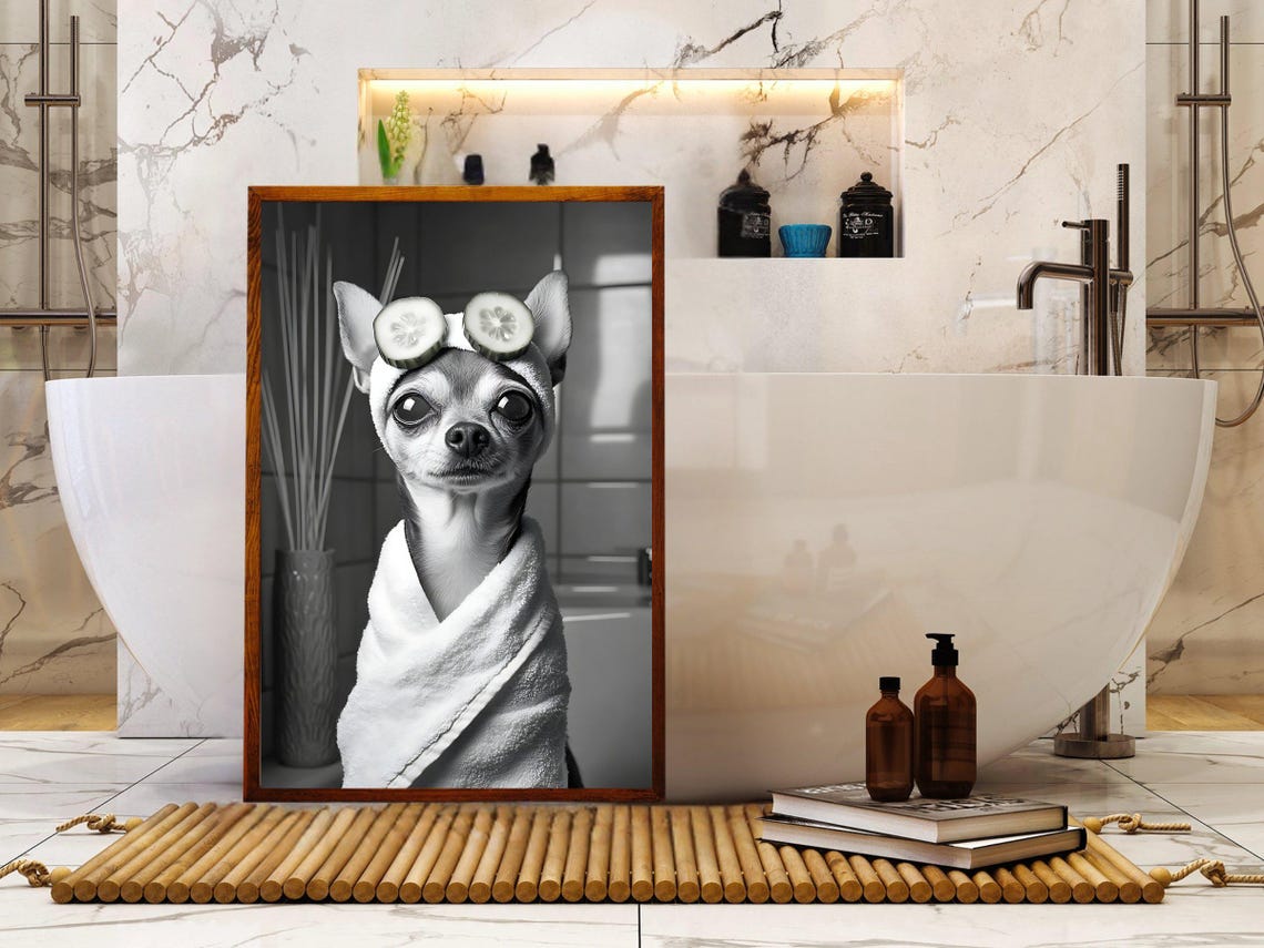 Chihuahua Wrapped in a Towel With Cucumber Slices on Its Head Poster - Image 5