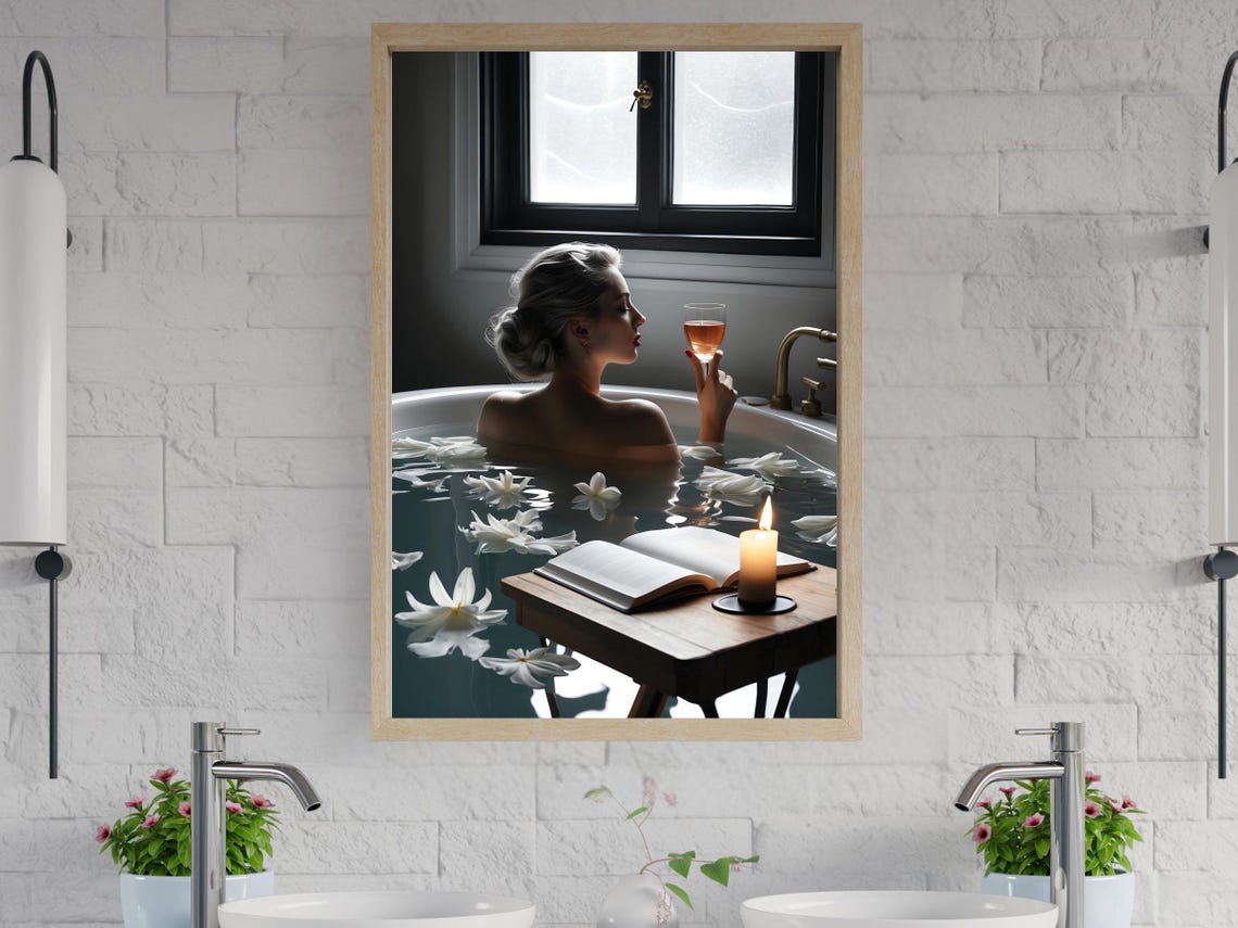 Woman in a Bathtub With Wine Floating Flowers and a Book Poster