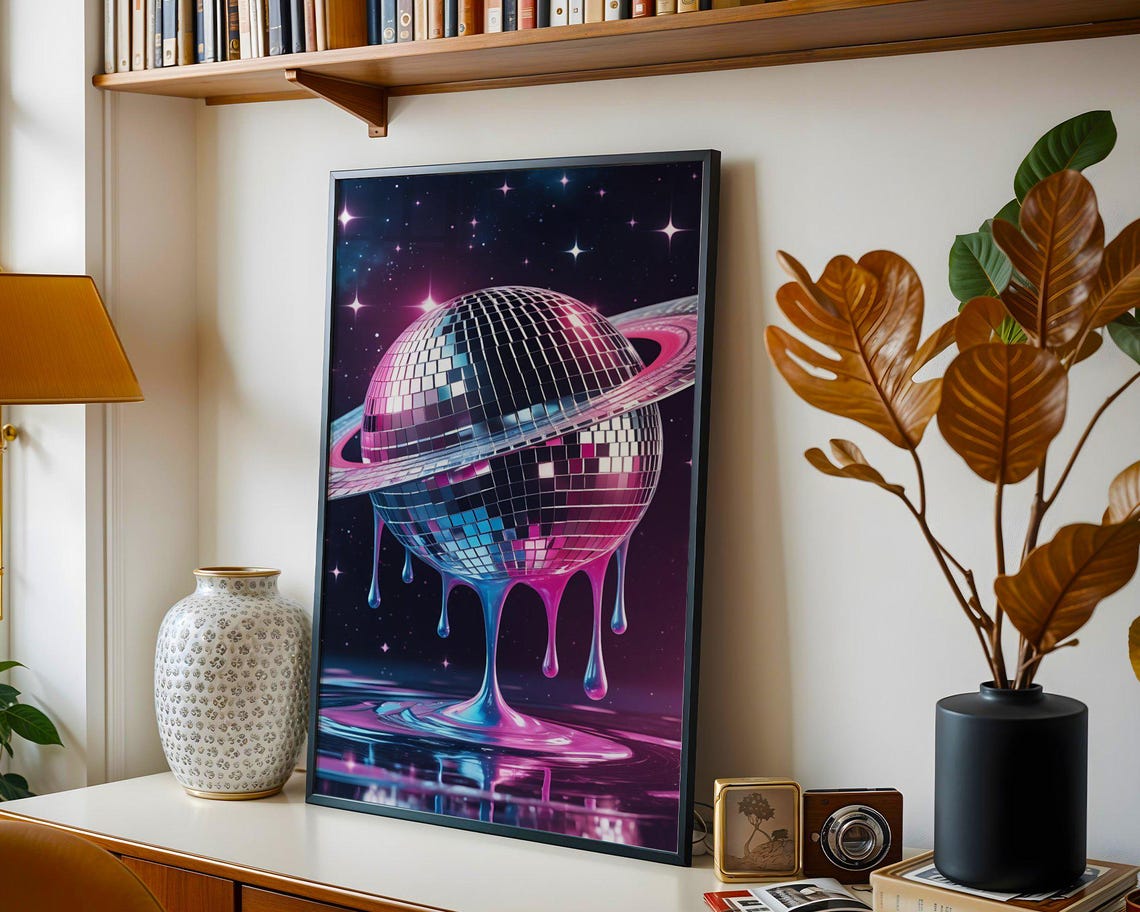 Melting Disco Ball Planet With Saturn Ring Neon Space Art Poster - Image 5
