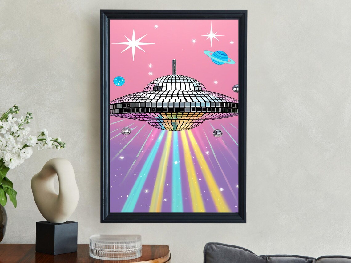 Retro Disco Ball UFO Over a Pink Sky With Rainbow Beams Sci-Fi Wall Poster