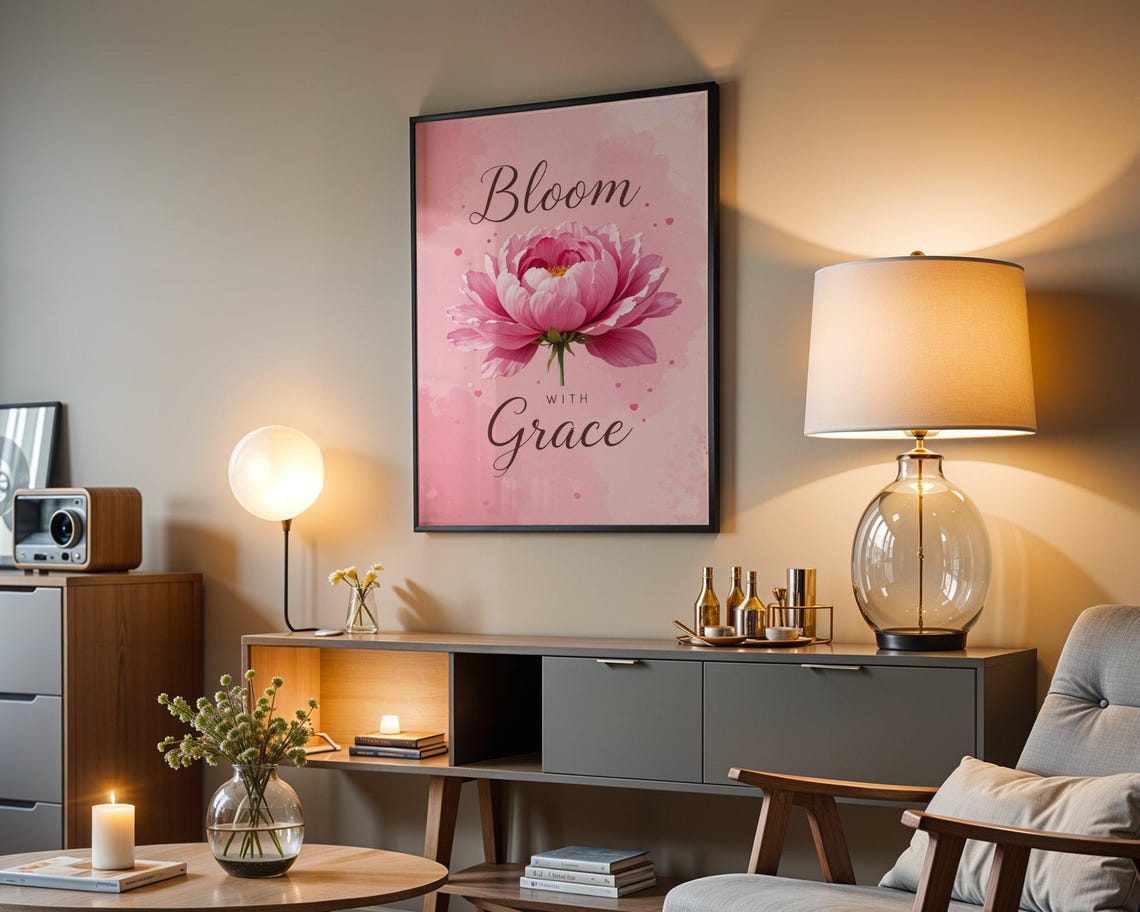 Bloom With Grace Large Pink Peony Floral Watercolor Quote Poster - Image 4