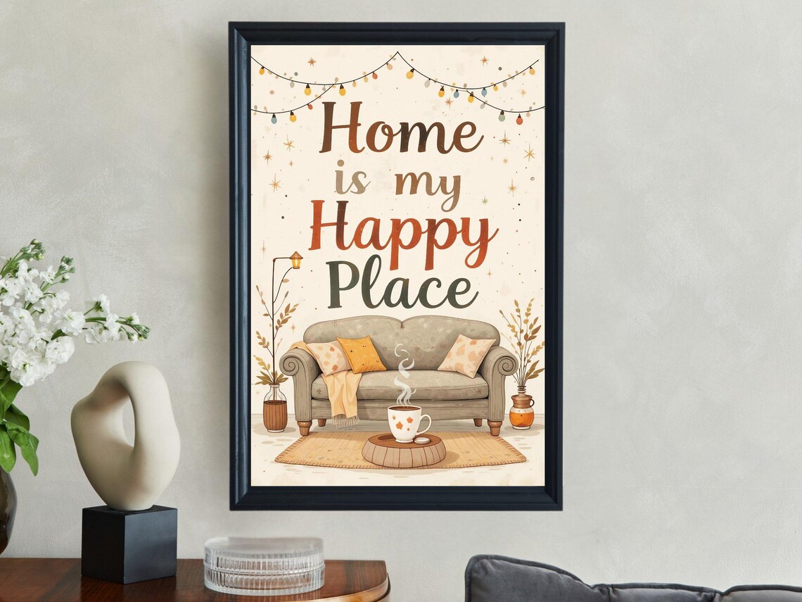 Home Is My Happy Place Cozy Sofa Living Room Warm Rustic Home Decor Wall Art