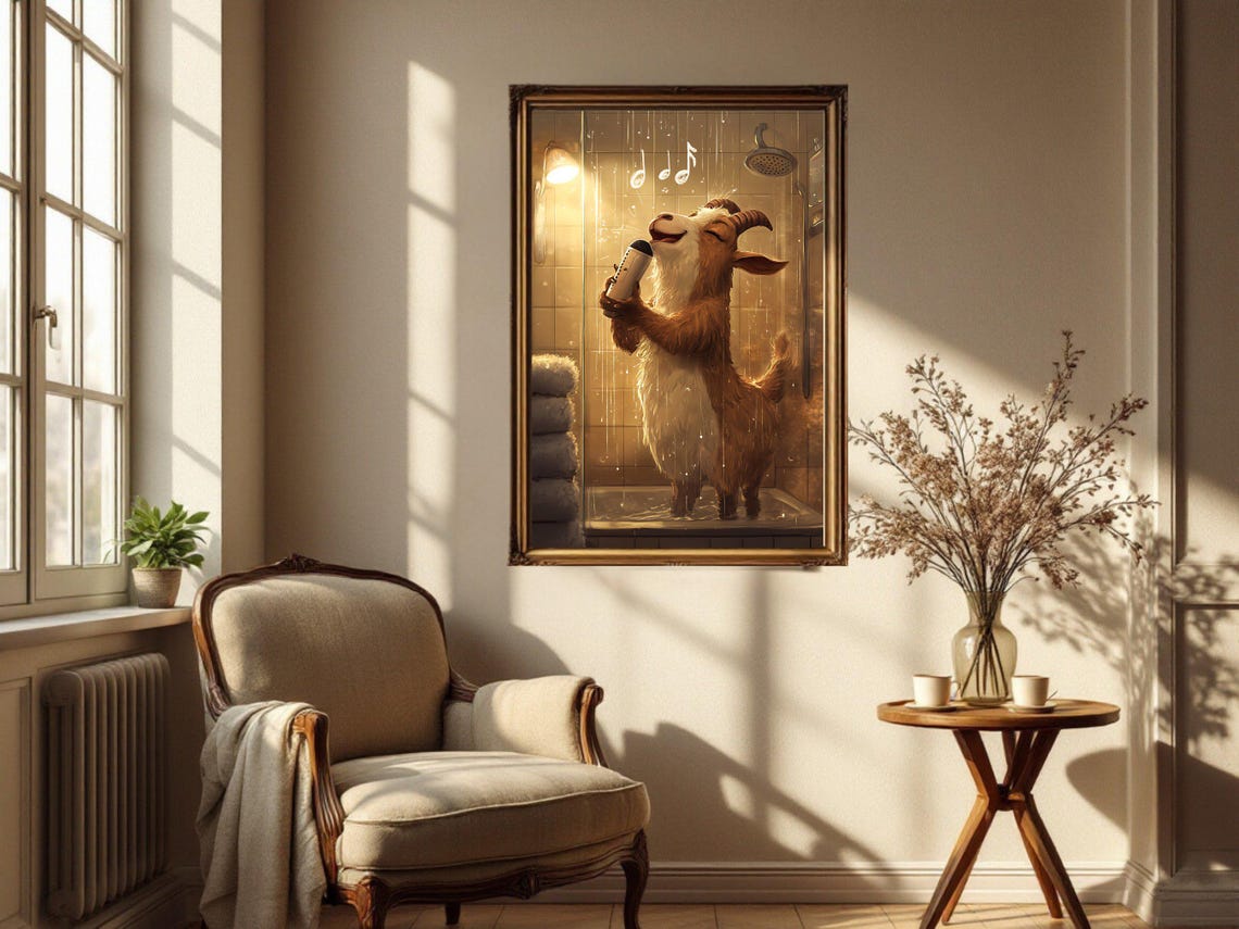 Singing Goat In Shower Holding Bottle Musical Notes Animal Poster - Image 4