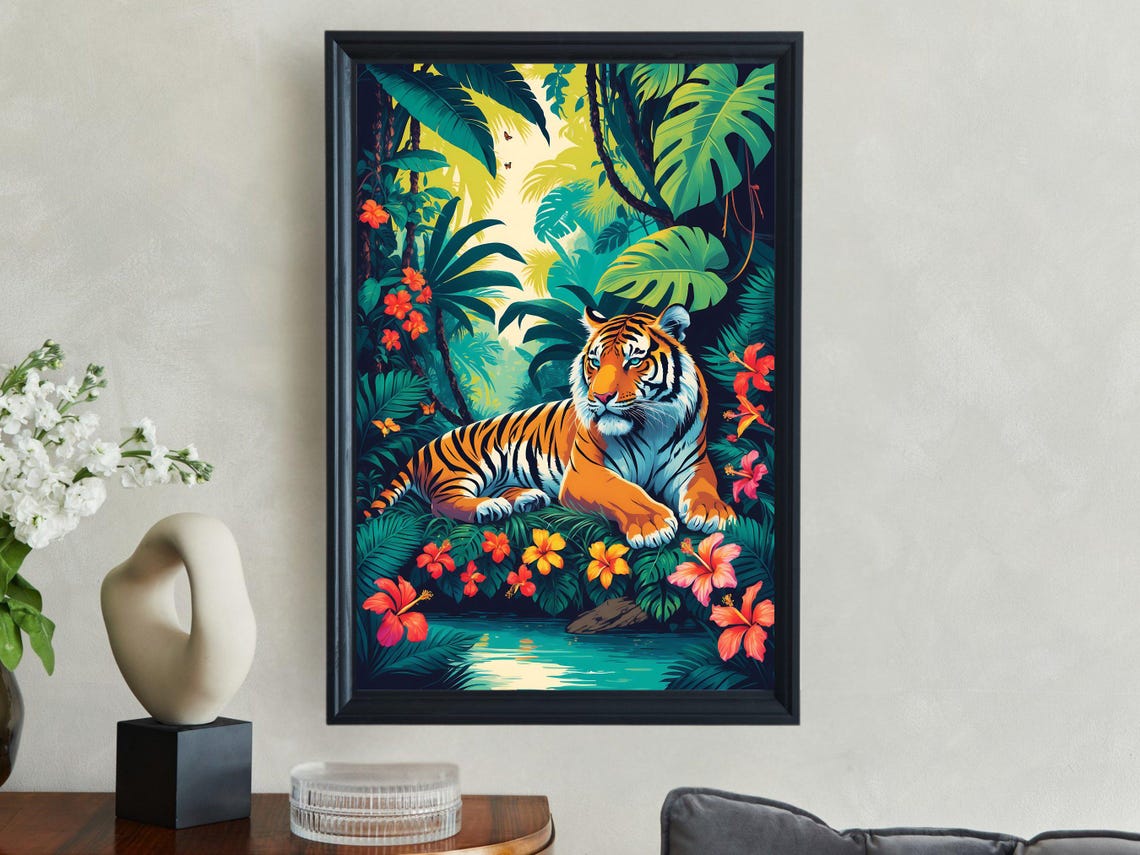 Tiger By Jungle Stream Among Hibiscus Exotic Wildlife Poster