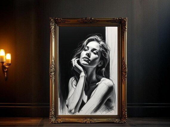 Charcoal Sketch Portrait of a Woman in Soft Light, B&W Poster
