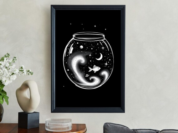Outer Space Fish Bowl Wall Art Cosmic Aquarium Print Celestial Ocean Poster Night Sky Fish Art Surreal Starry Wall Decor