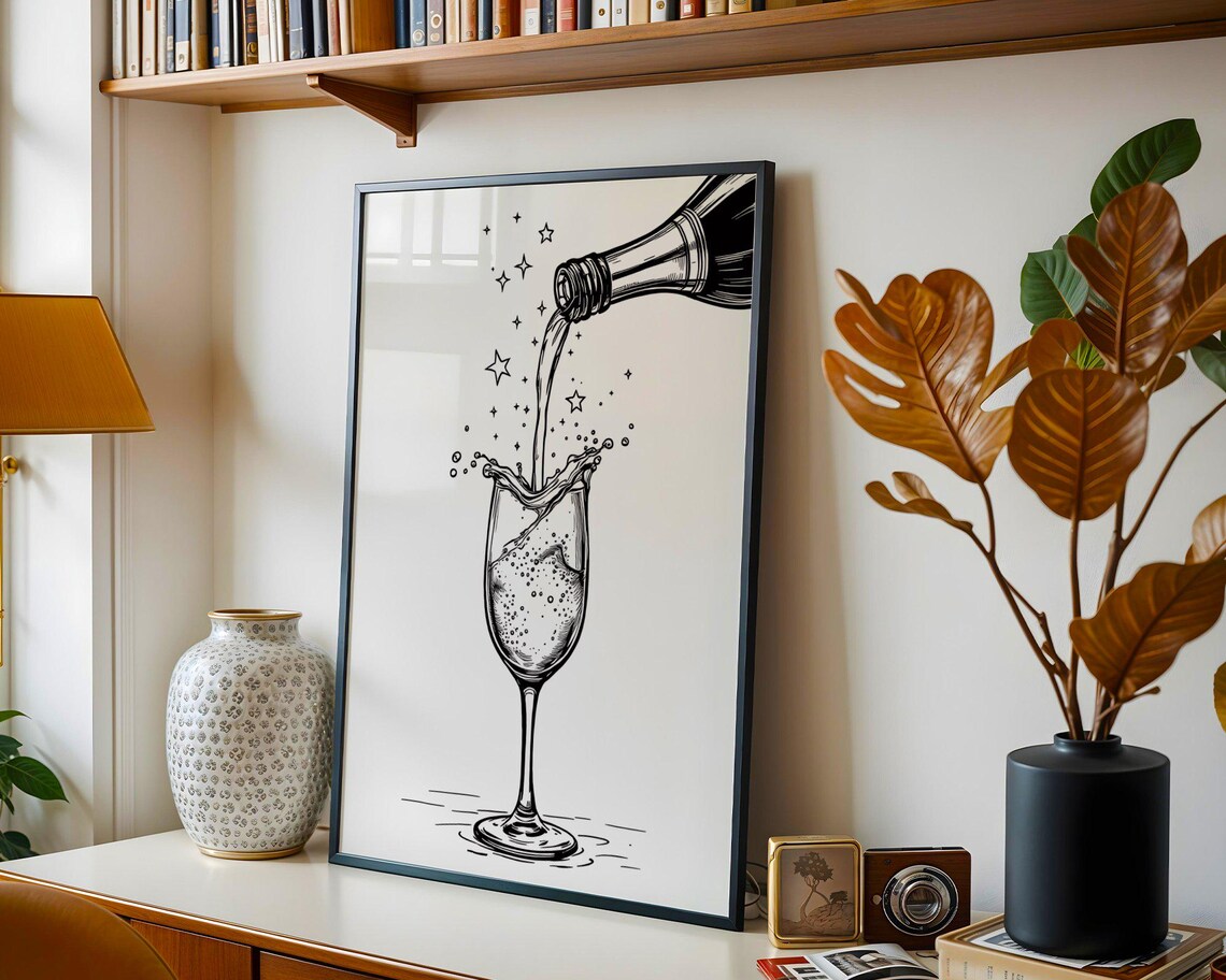 Champagne Bottle Pouring Into a Sparkling Flute Black and White Art Poster - Image 2