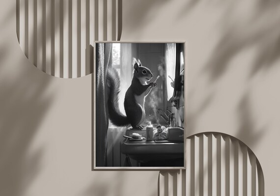 Cute Squirrel Brushing Teeth at a Bathroom Sink Black and White Poster