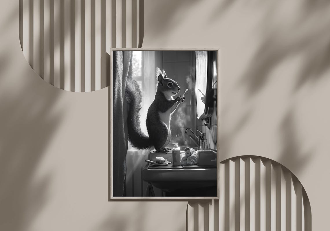 Cute Squirrel Brushing Teeth at a Bathroom Sink Black and White Poster
