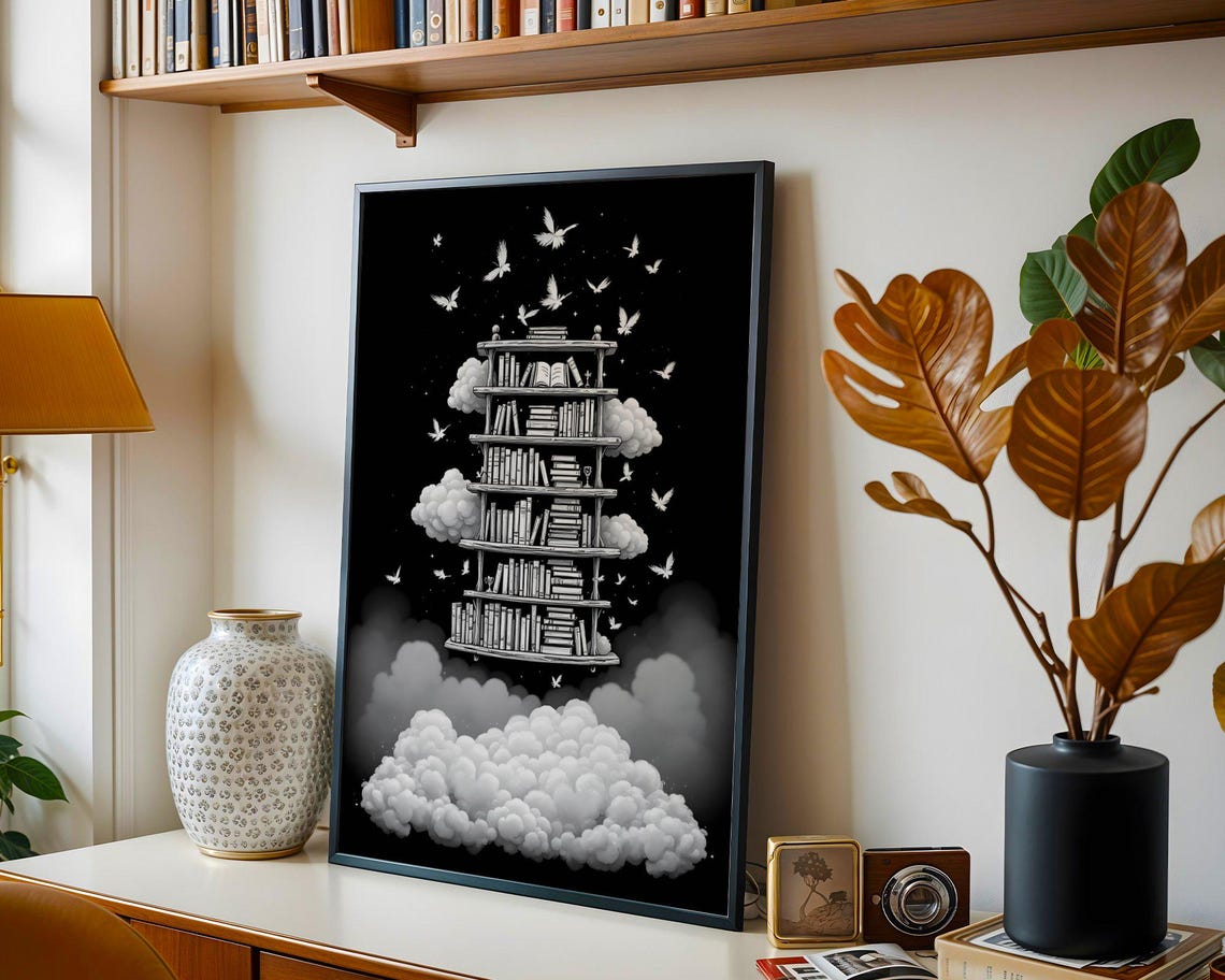 Floating Bookshelf Among Clouds And Doves Black White Poster - Image 2