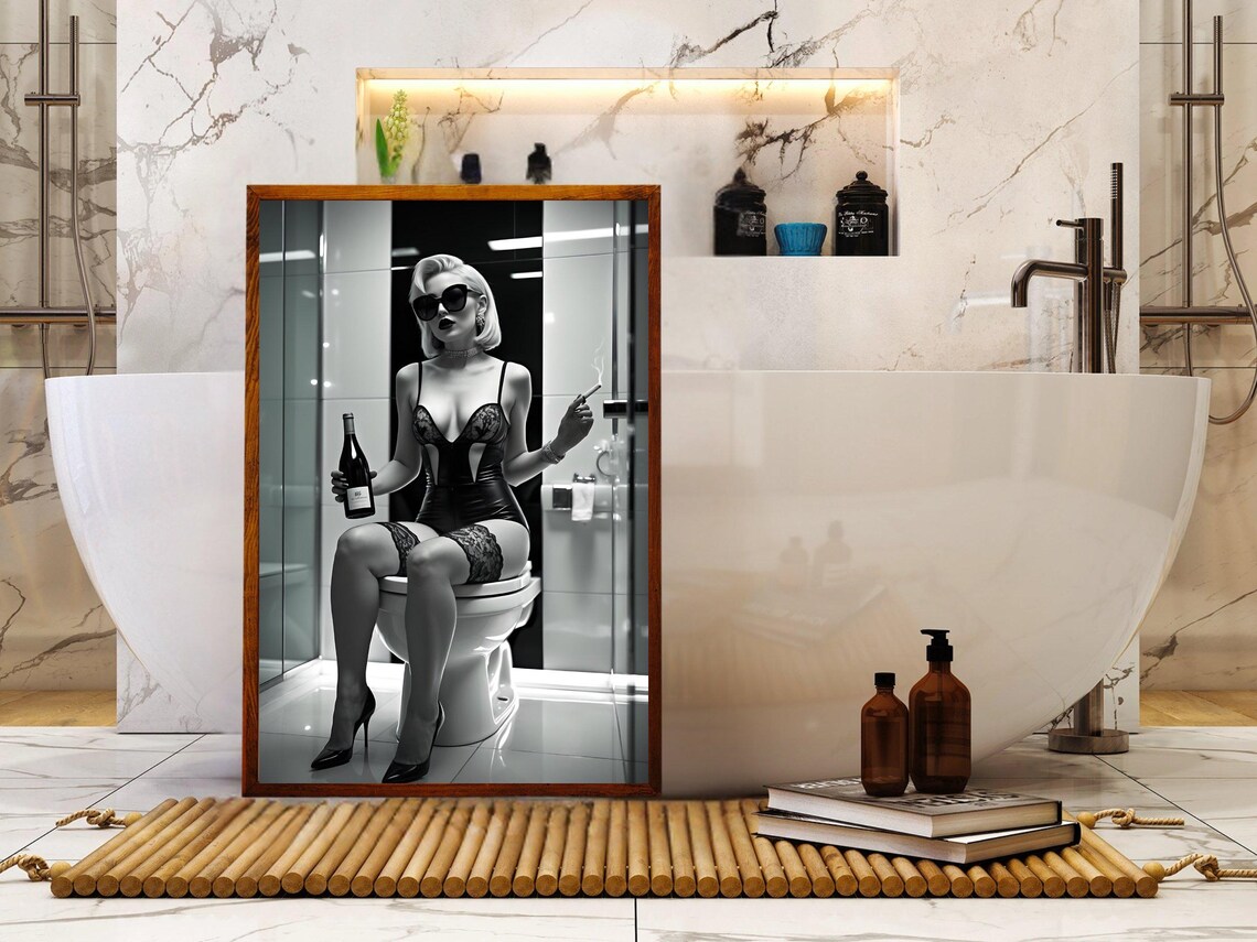 Woman in Lingerie Holding a Wine Bottle While Sitting on a Toilet Poster - Image 5