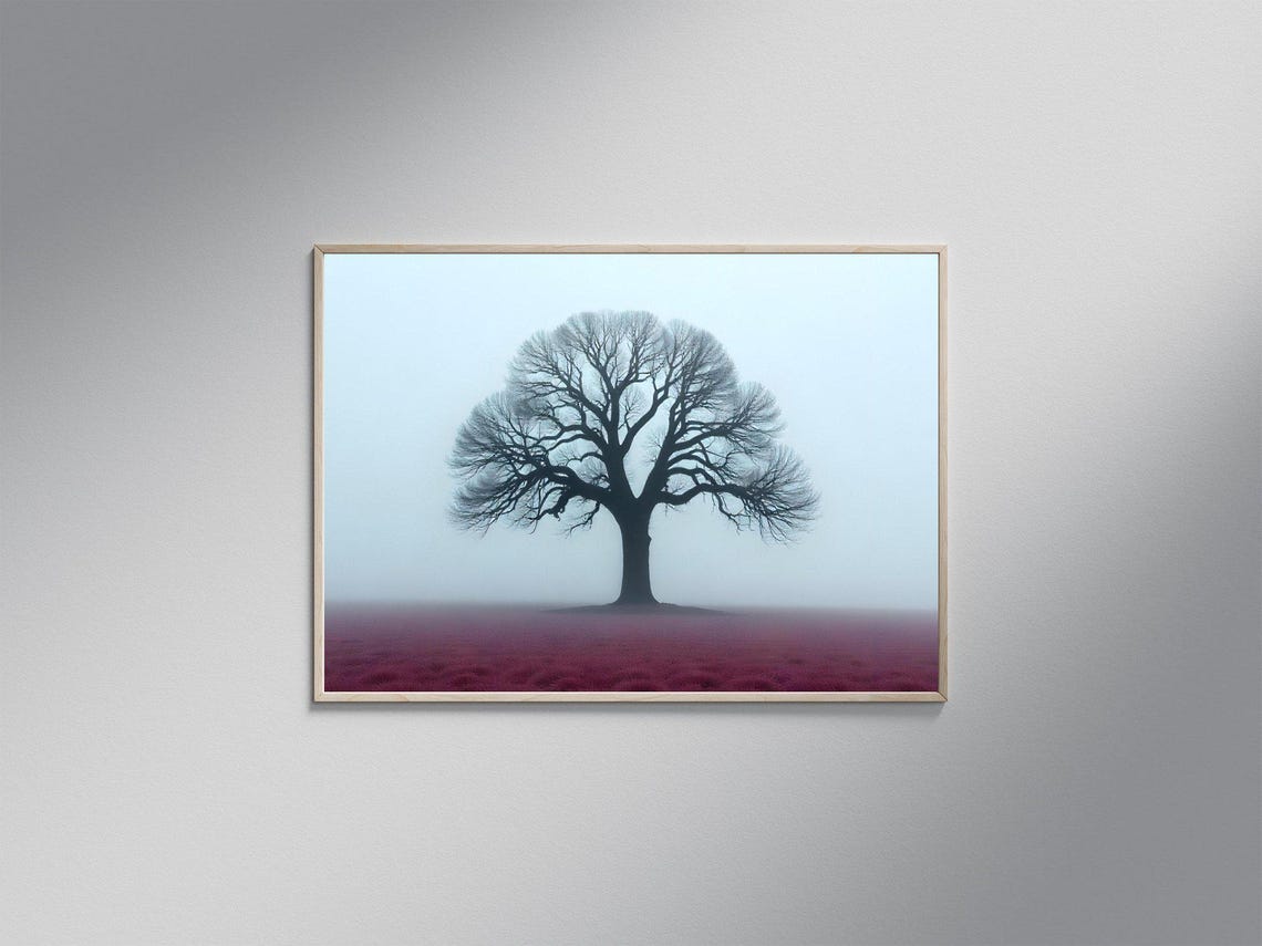 Solitary Bare Tree In Misty Red Field Minimalist Nature Poster