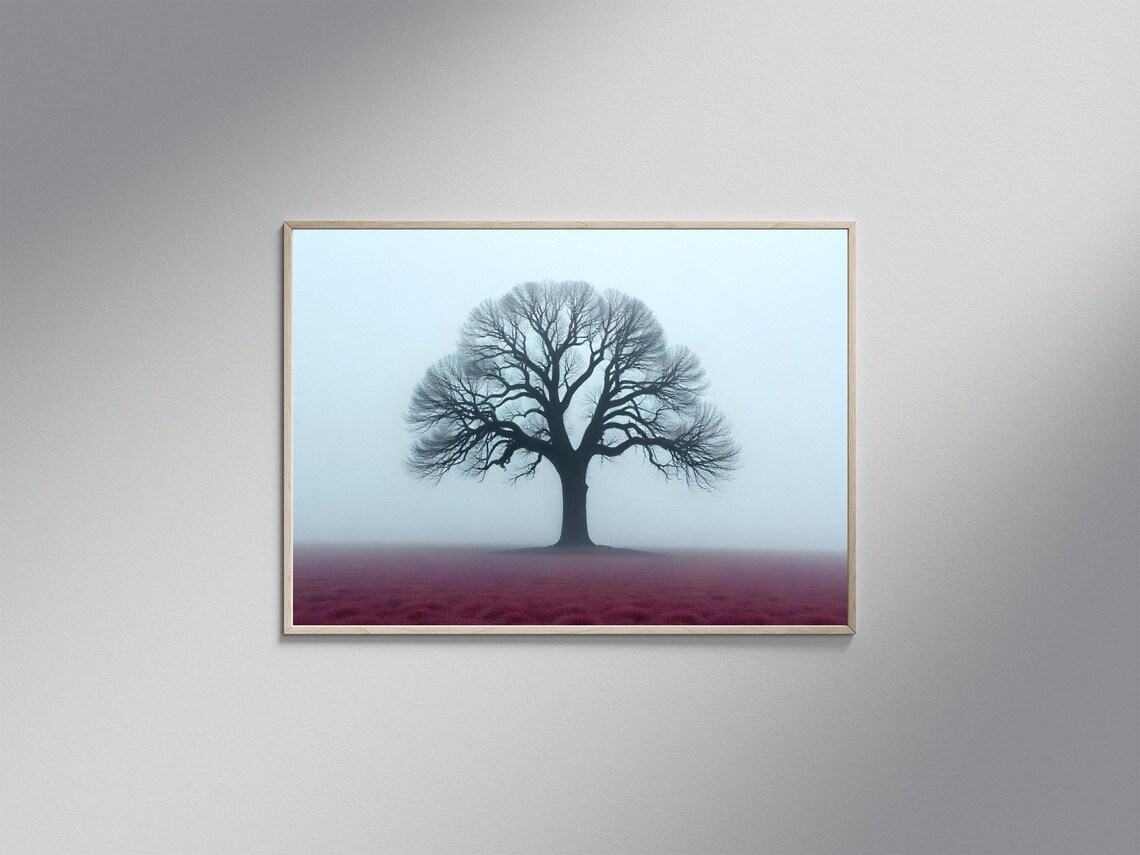 Tree Wall Art Print Misty Landscape Poster Nature Artwork Decor Minimalist Tree Illustration Foggy Field Scenery