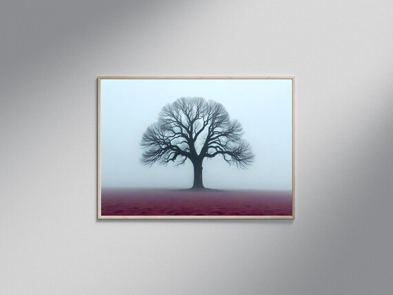 Tree Wall Art Print Misty Landscape Poster Nature Artwork Decor Minimalist Tree Illustration Foggy Field Scenery
