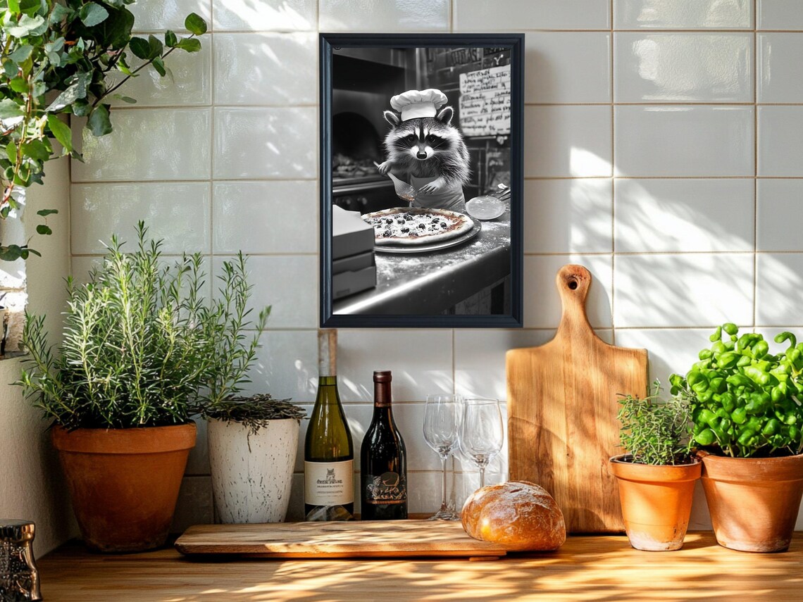 Funny Raccoon Pizza Chef in the Pizzeria Black and White Kitchen Poster - Image 2