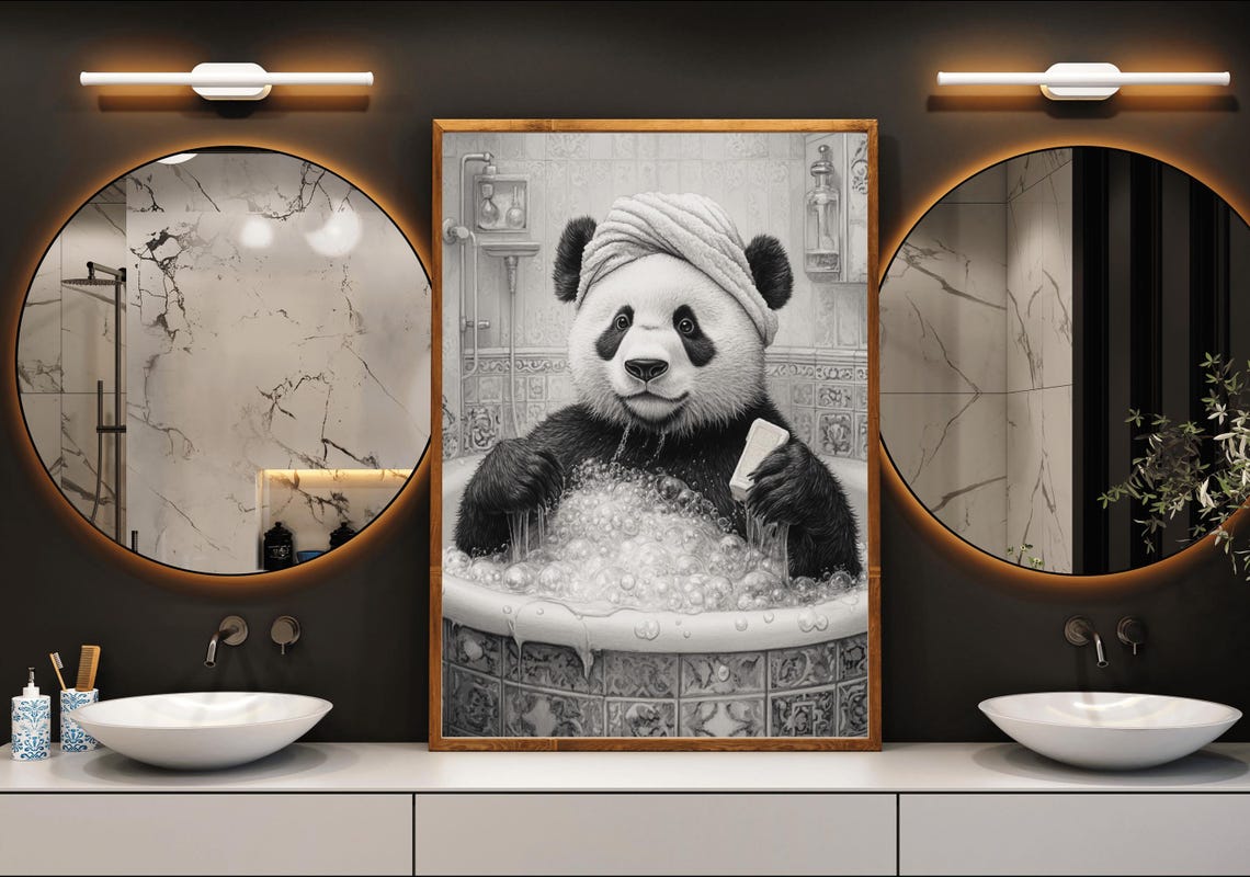 Panda In Bubble Bath Wearing Towel Head Funny Animal Art Poster - Image 3
