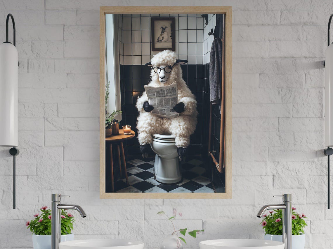 Sheep Wearing Glasses Reading the Newspaper While on the Toilet Poster