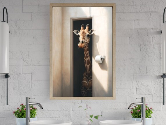 Friendly Giraffe Peeking Through the Bathroom Doorway Poster