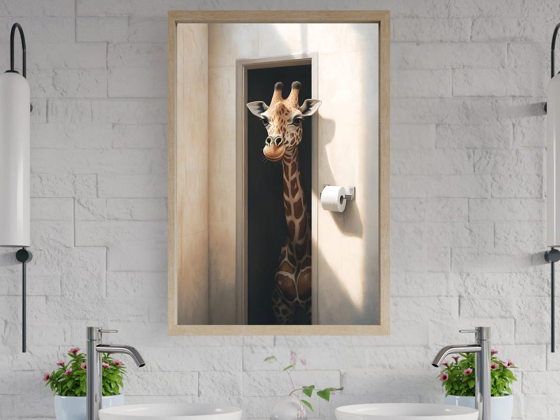 Friendly Giraffe Peeking Through the Bathroom Doorway Poster