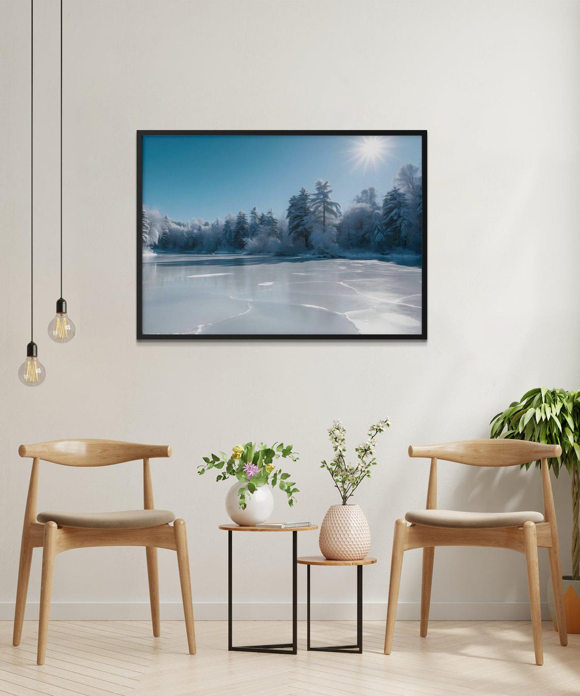 Frozen Lake with Frosted Forest Beneath a Brilliant Blue Sky Poster - Image 2