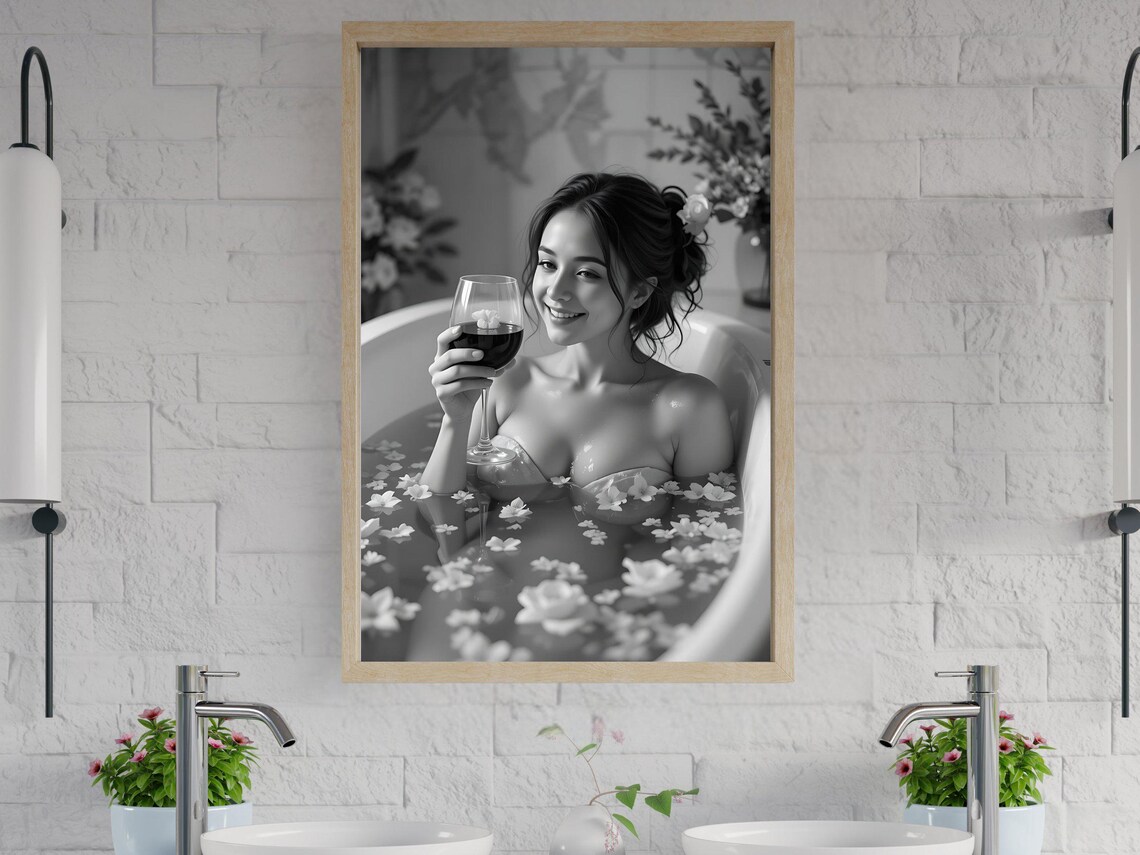Smiling Woman in Flower Petal Bathtub with Wine Glass Poster
