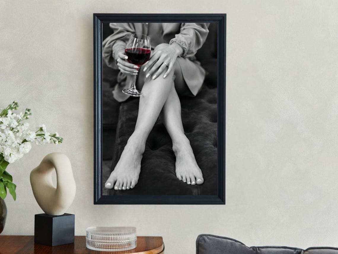 Crossed Bare Legs With A Glass Of Red Wine Minimalist Poster - Image 3