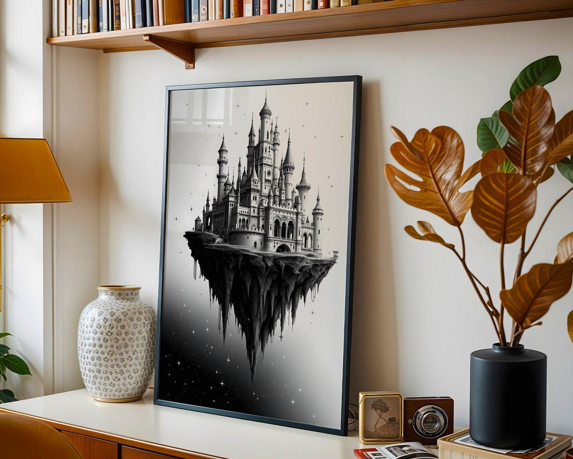 Floating Gothic Castle on a Rocky Island in a Starry Night Sky Poster - Image 2